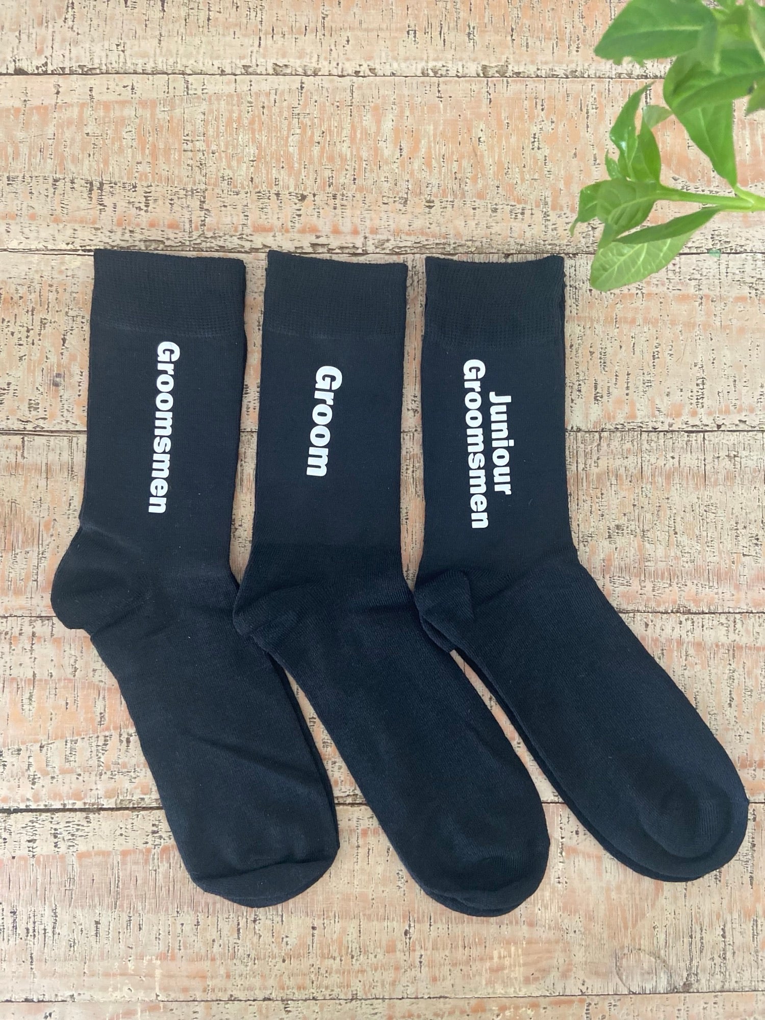 Men's Black Socks with personalisation that says Groomsmen, Groom and Junior Groomsmen