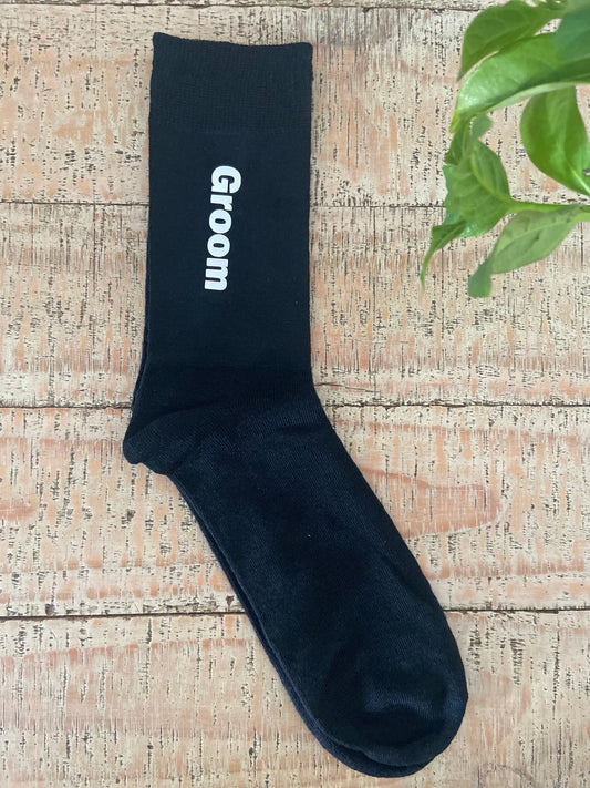 Men's Black Socks with personalisation that says Groom 