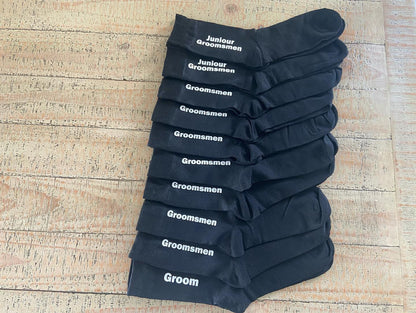 Personalised Mens Black Socks that have the name of the position in the bridal Party ie Groom, Groomsman x 7 pairs, Bestman, Junior Groomsman x 2 pairs